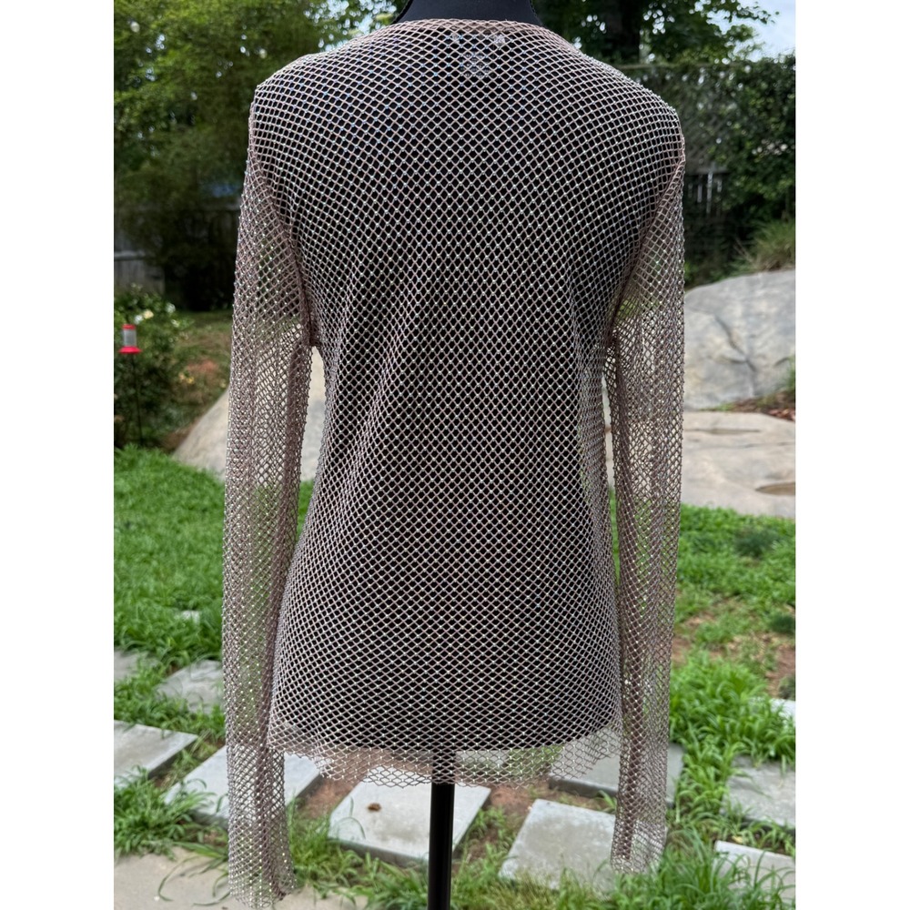 Rachel Zoe Mauve Pink Rhinestone Fishnet Mesh Long Sleeve Top Womens Medium M - Picture 3 of 5